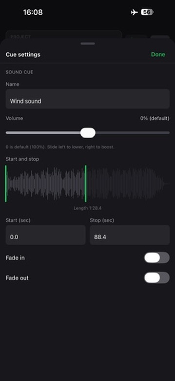 CuePlayer sound cue settings with waveform trim editor
