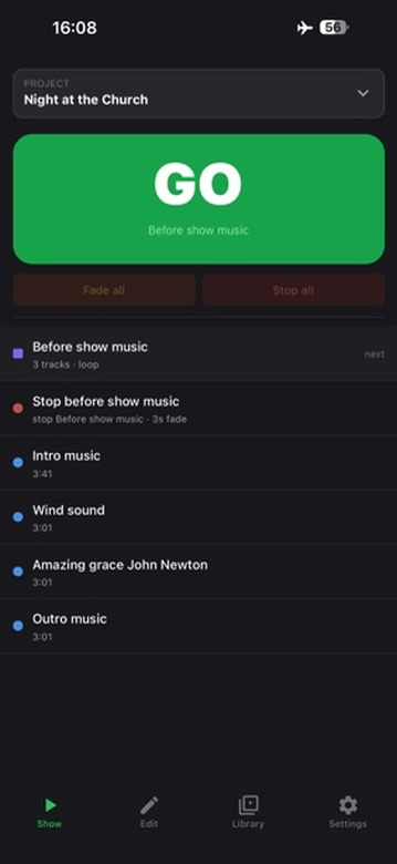 CuePlayer show mode with large GO button and cue list